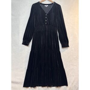 Black Velvet Maxi Dress Whimsigoth Goth Tiered Smocked Waist Long Sleeve L
